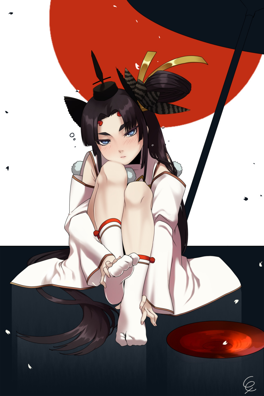 1girl, black_hair, blue_eyes, blush, cup, detached_sleeves, fate/grand_order, fate_(series)
