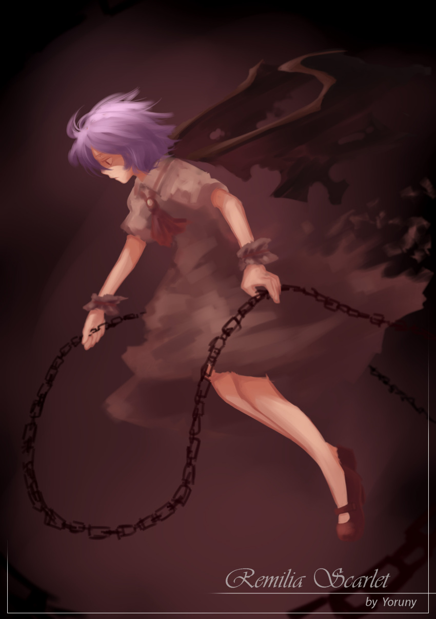 1girl, absurdres, artist_name, ascot, bat_wings, blurry, brooch, chains