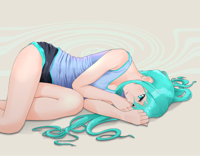 1girl, alternate_hairstyle, aqua_eyes, aqua_hair, boyshorts, breasts, cleavage, hatsune_miku