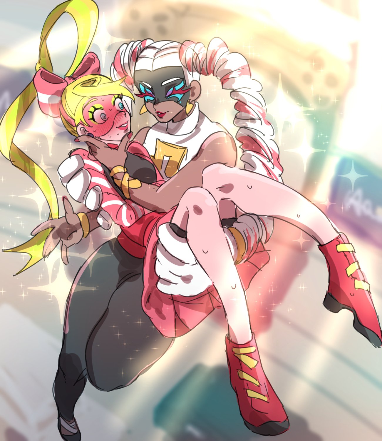 2girls, arms_(game), blonde_hair, blue_eyes, blush, boots, carrying, closed_eyes