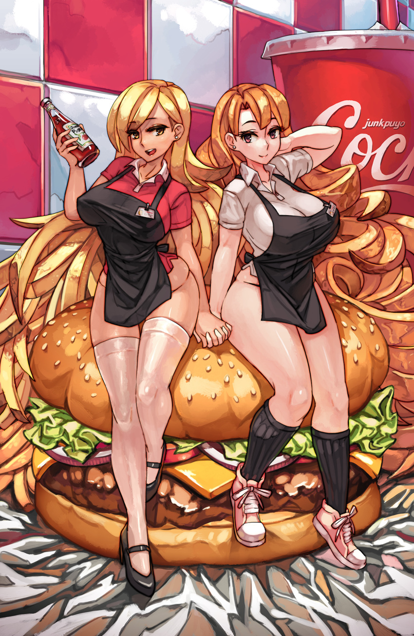 2girls, absurdly_long_hair, apron, artist_name, bangs, black_legwear, black_shoes, blonde_hair