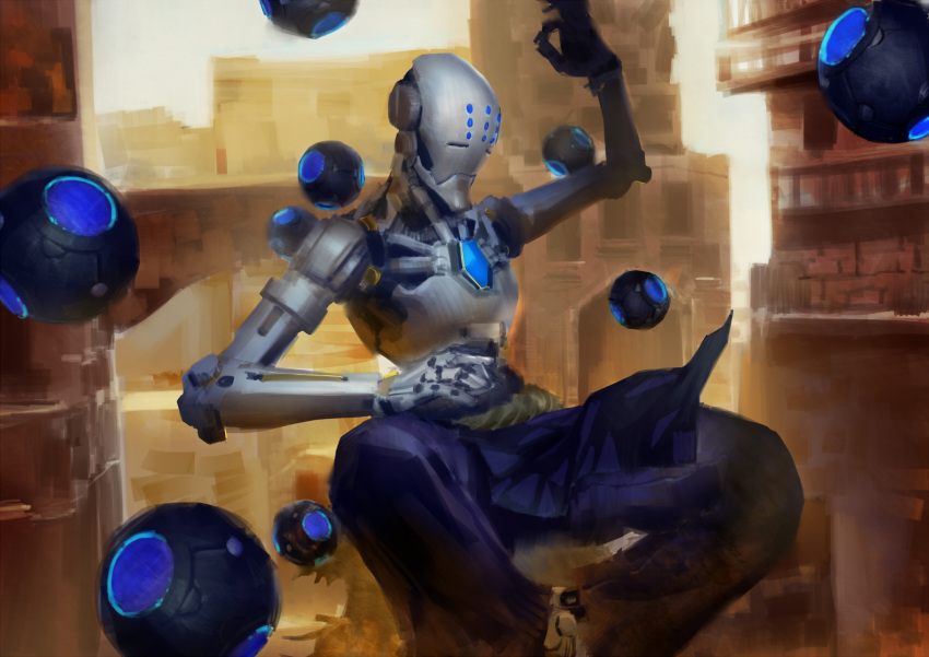 1boy, alternate_color, alternate_costume, ascendant_zenyatta, building, floating, gharne, highres, humanoid_robot, male_focus, mechanical_arm, orb, overwatch, solo, zenyatta_(overwatch)