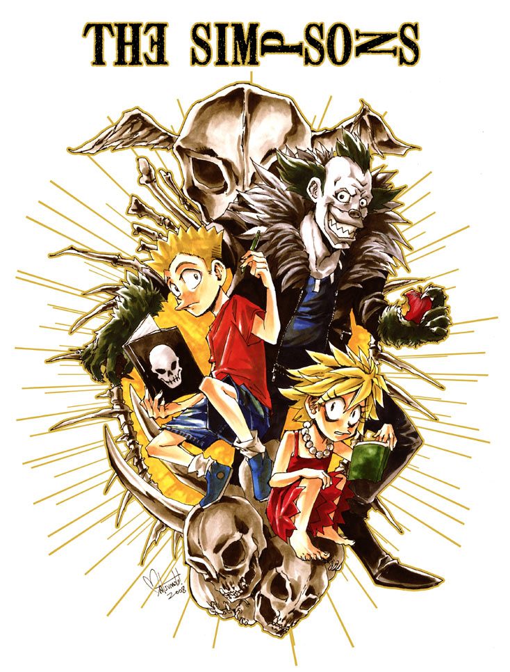 bart_simpson, book, death_note, death_note_(object), food, fruit, krusty_the_clown, lisa_simpson