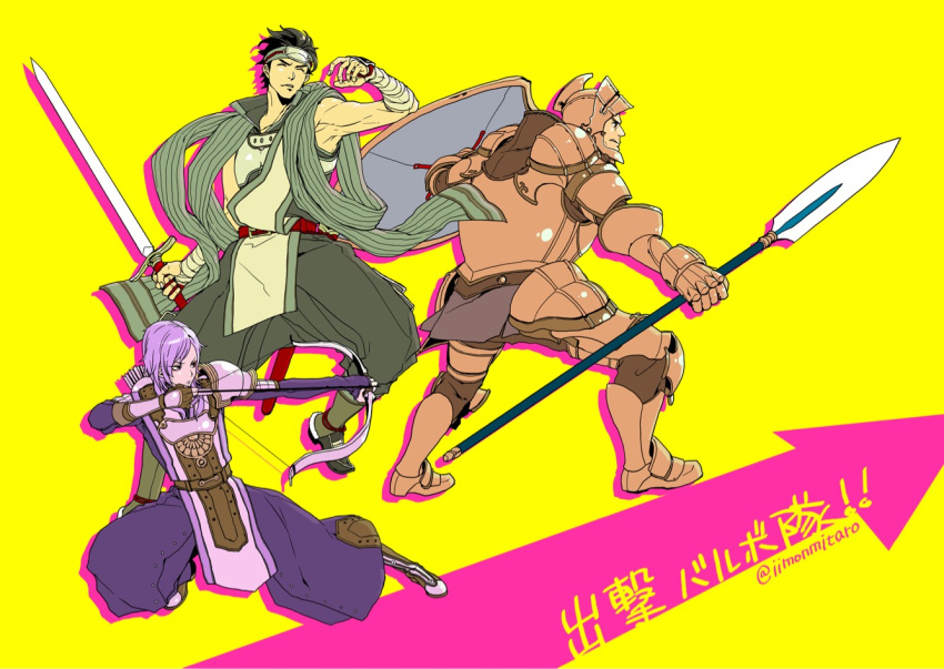 !!, 3boys, adusa, armor, armored_boots, arrow, artist_name, bandage