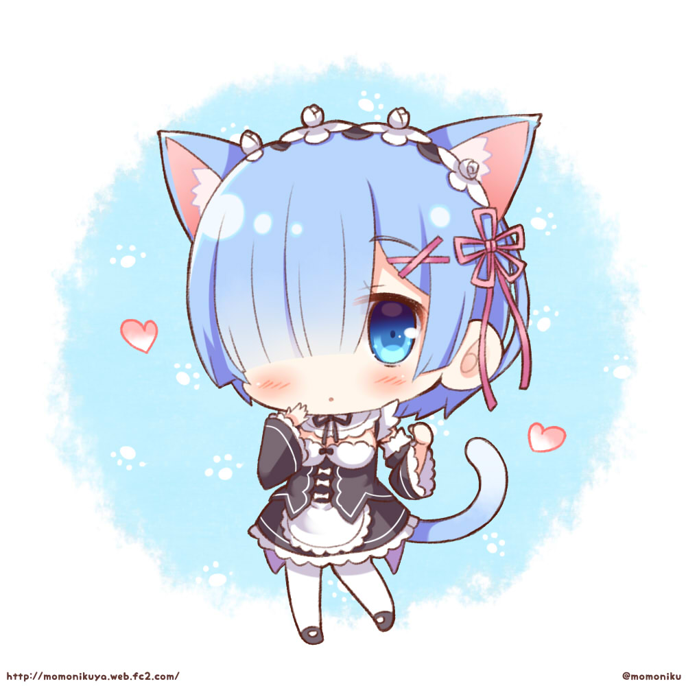 1girl, animal_ears, apron, blue_eyes, blue_hair, blush, breasts, cat_ears