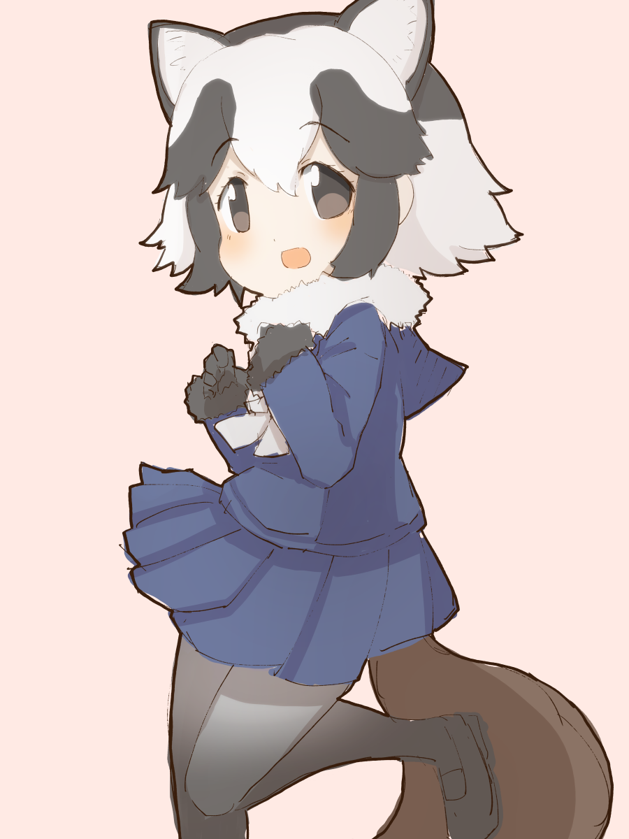 1girl, animal_ears, black_eyes, black_hair, brown_background, fur_trim, gloves, highres