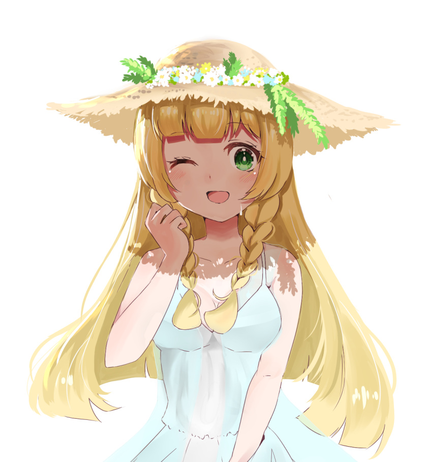 1girl, ;d, azetsuraito, bangs, bare_shoulders, blonde_hair, blue_dress, blunt_bangs, blush, braid, breasts, cleavage, collarbone, commentary_request, dress, eyebrows_visible_through_hair, flower, green_eyes, hat, hat_flower, highres, leaf, lillie_(pokemon), long_hair, looking_at_viewer, medium_breasts, one_eye_closed, open_mouth, pokemon, pokemon_(game), pokemon_sm, sidelocks, simple_background, sleeveless, sleeveless_dress, smile, solo, straw_hat, twin_braids, upper_body, white_background