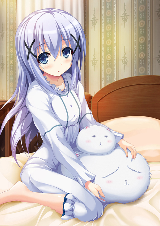 1girl, bed, bedroom, black_ribbon, blue_eyes, collarbone, eyebrows_visible_through_hair, gochuumon_wa_usagi_desu_ka?