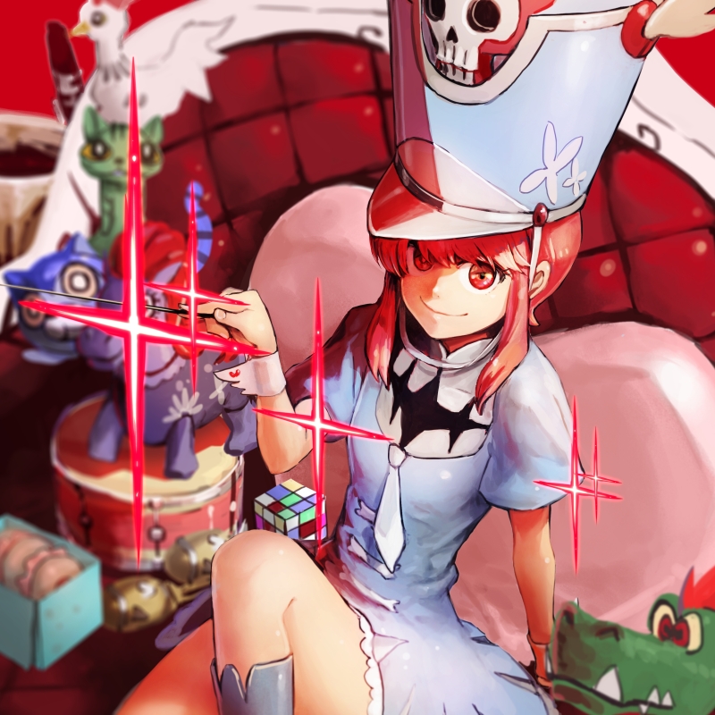 1girl, arm_support, blue_boots, blue_dress, blue_hat, boots, dress, hat