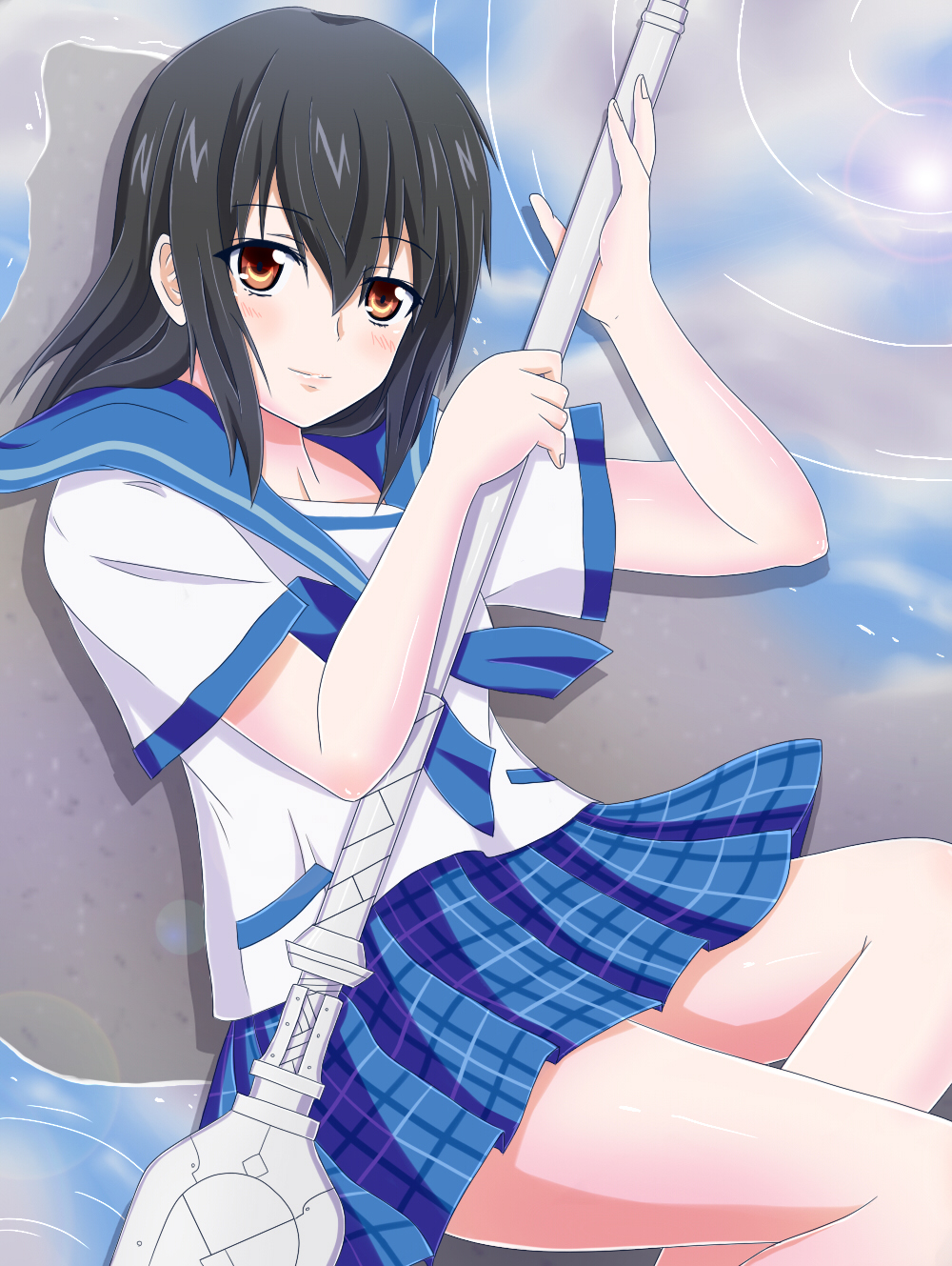 1girl, amezuku, black_hair, blue_skirt, blush, eyebrows_visible_through_hair, from_above, hair_between_eyes