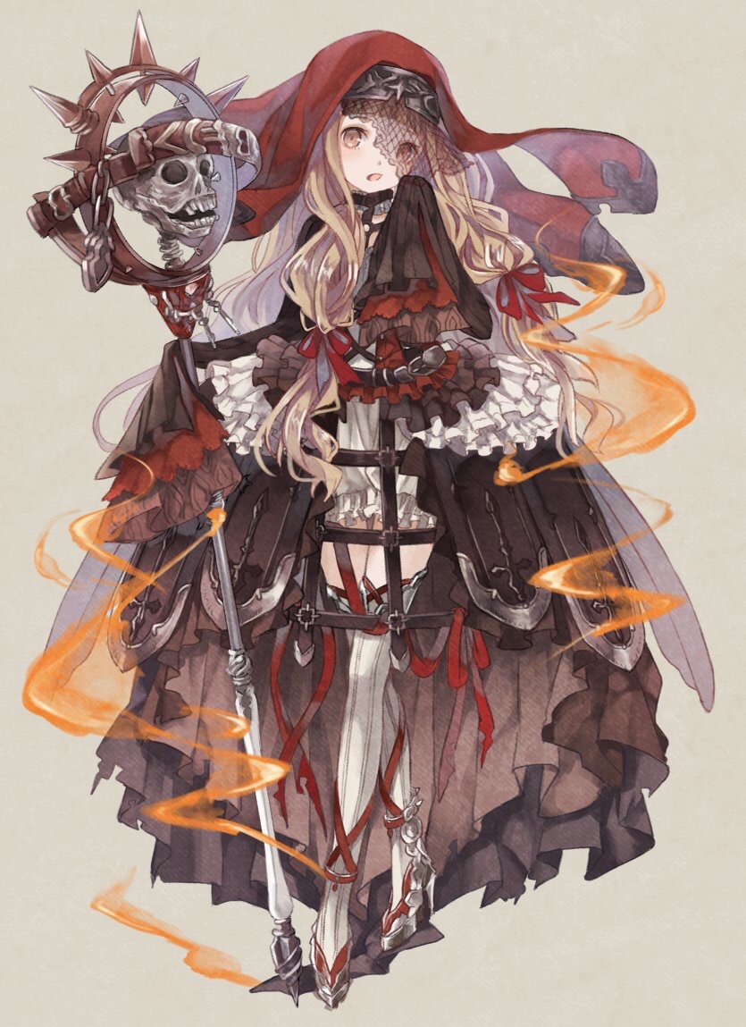 1girl, blonde_hair, hood_up, little_red_riding_hood_(sinoalice), looking_at_viewer, oro_ponzu, sinoalice, skull