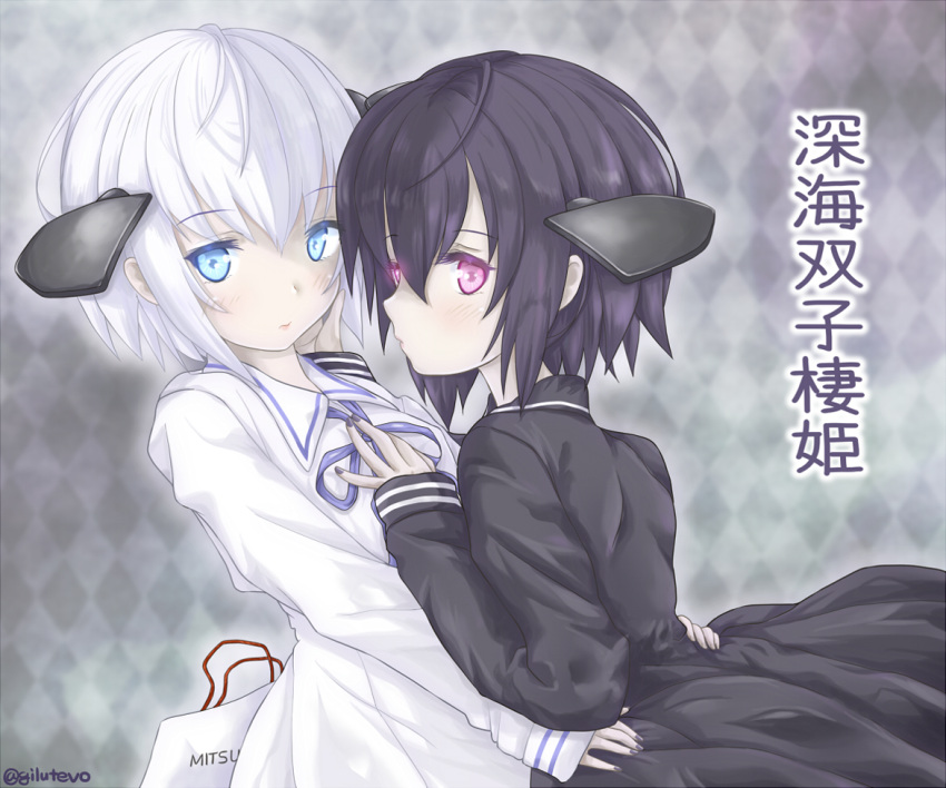 2girls, abyssal_twin_hime_(black), abyssal_twin_hime_(white), aqua_eyes, bag, black_dress, black_hair, commentary_request