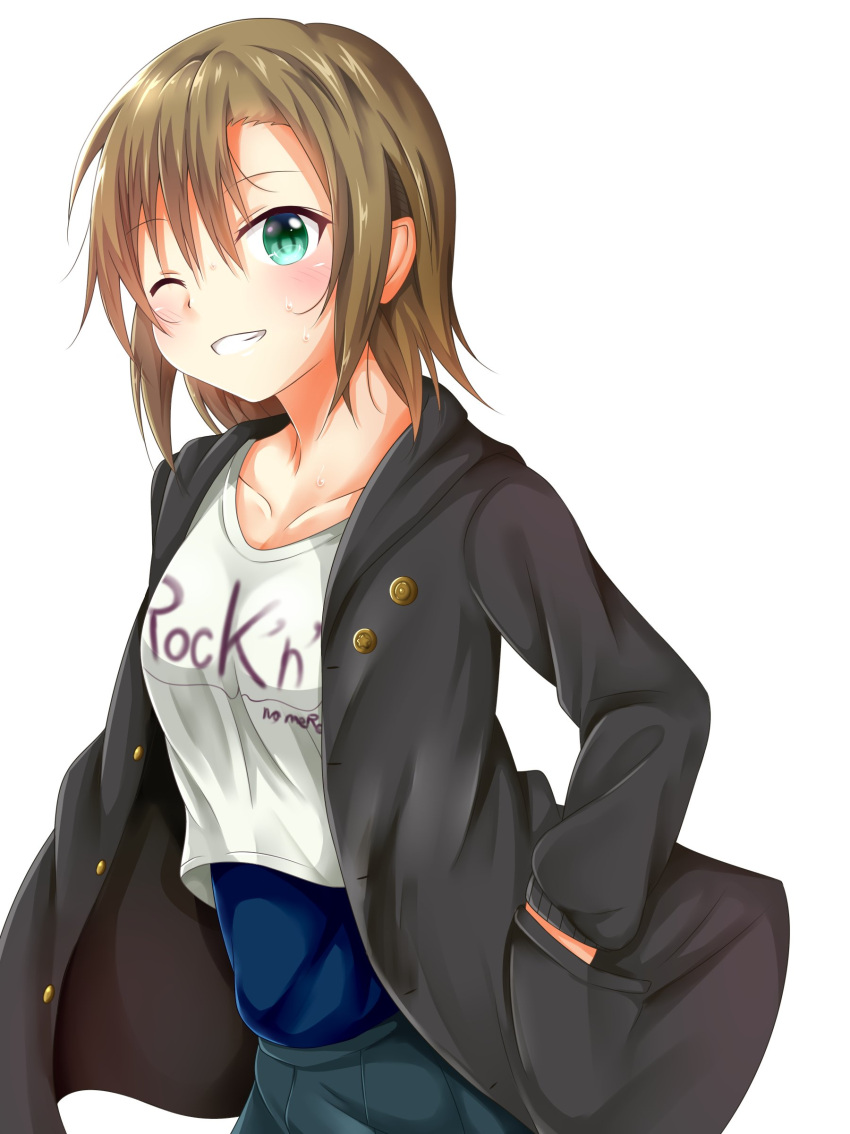 1girl, absurdres, blush, brown_hair, commentary_request, green_eyes, hand_in_pocket, highres, idolmaster, idolmaster_cinderella_girls, looking_at_viewer, one_eye_closed, seno_(nanrandesu), short_hair, simple_background, solo, sweat, tada_riina, white_background