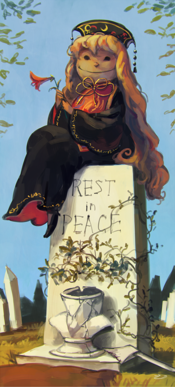 1girl, blonde_hair, chinese_clothes, commentary_request, english, flower, highres, junko_(touhou), koto_inari, long_hair, parody, sitting, smile, solo, tabard, the_haunted_mansion, tombstone, touhou