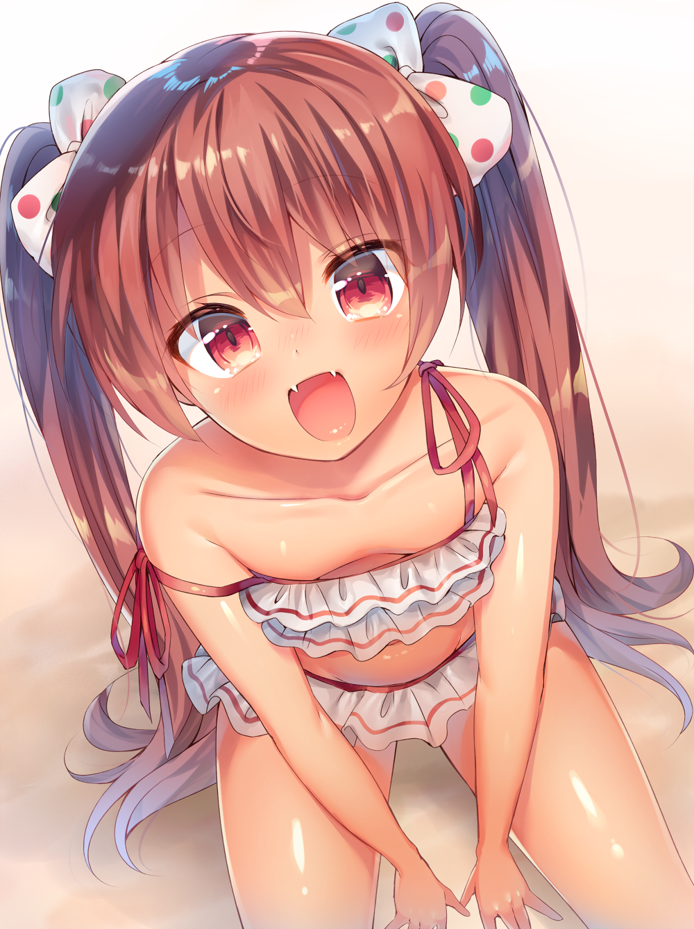 1girl, bangs, bikini, bikini_skirt, bow, breasts, brown_hair, fangs