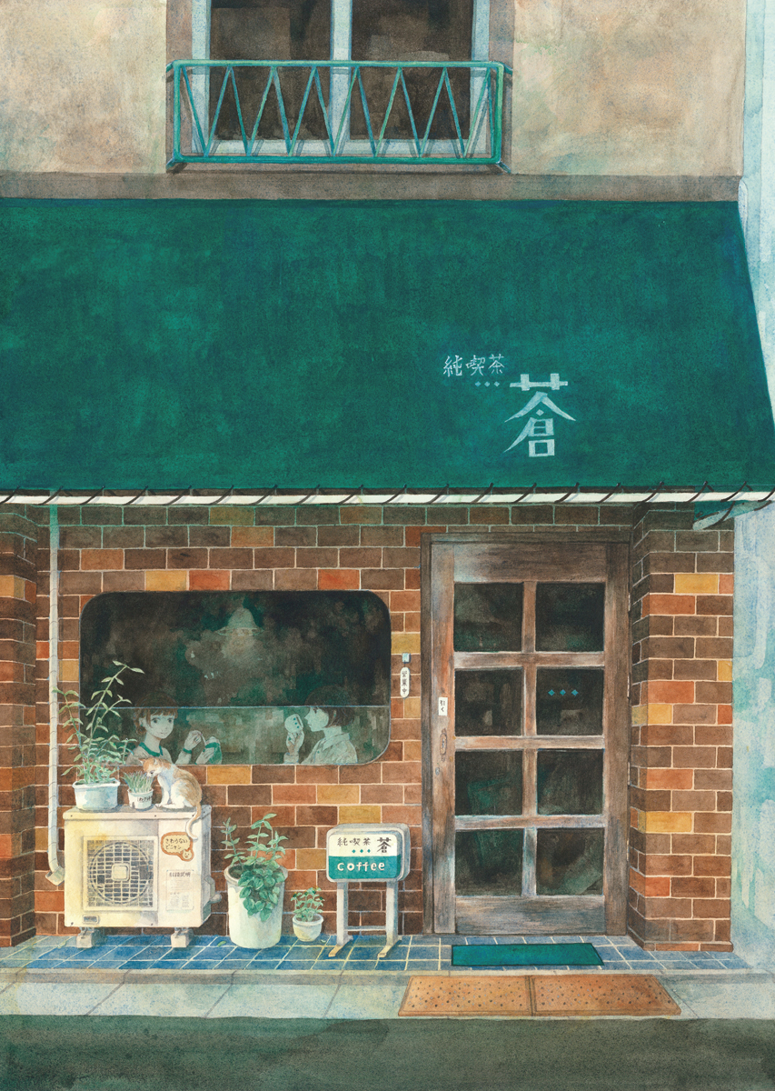 1boy, 1girl, animal, black_eyes, brown_hair, cafe, cat, cup