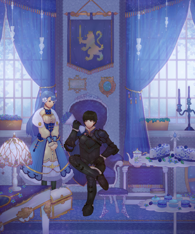 1boy, 1girl, armor, berkut_(fire_emblem), blue_hair, bouquet, cake, cape