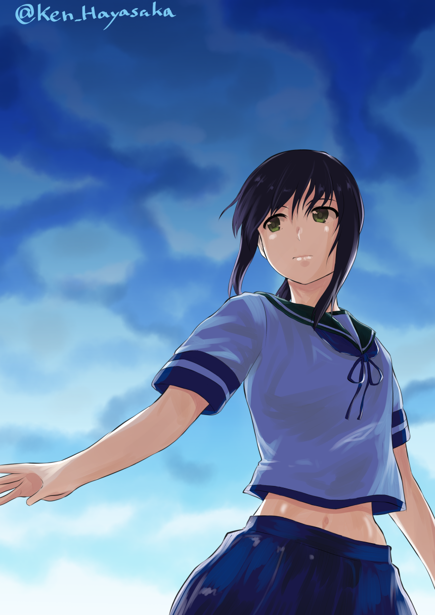 1girl, black_hair, blue_skirt, clouds, day, from_below, fubuki_(kantai_collection), green_eyes