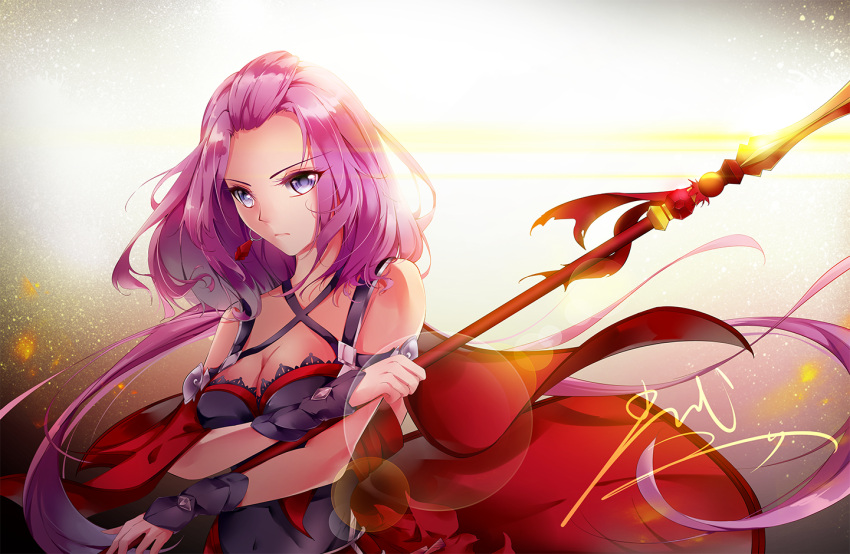 1girl, artist_request, bare_shoulders, breasts, cleavage, forehead, lens_flare, long_hair