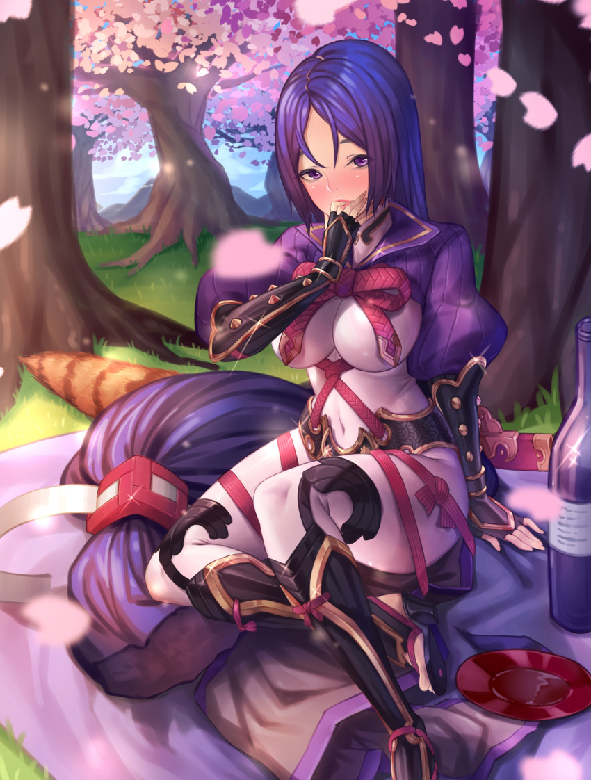 1girl, absurdres, bangs, black_gloves, blanket, blurry, blush, bodysuit