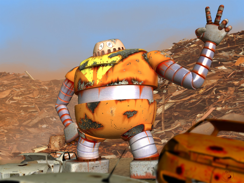 >_<, 3d, boss_borot, car, closed_eyes, dirty, dust, ground_vehicle