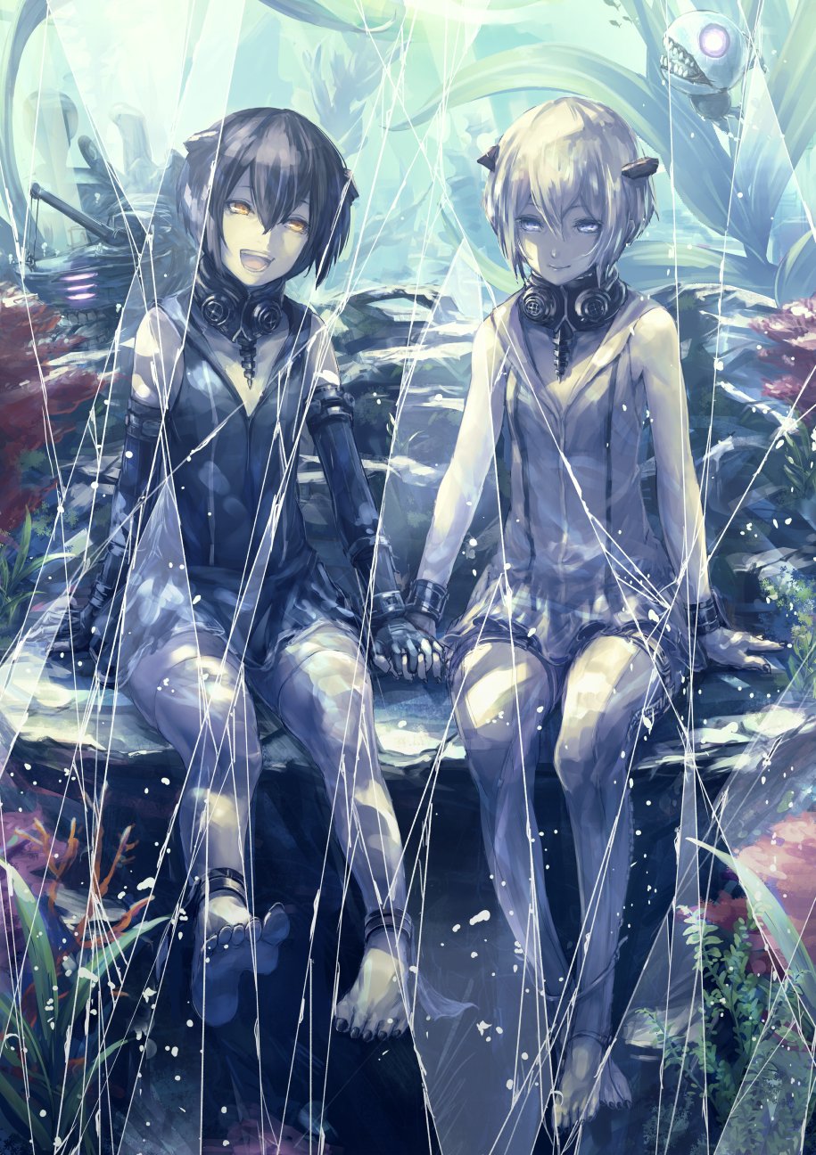 2girls, abyssal_twin_hime_(black), abyssal_twin_hime_(white), barefoot, black_dress, black_gloves, black_hair, black_nails, blue_eyes, commentary_request, dress, elbow_gloves, gloves, hair_between_eyes, hand_holding, highres, kantai_collection, looking_at_viewer, multiple_girls, nail_polish, nina_(ninageya), ocean_bottom, open_mouth, shinkaisei-kan, short_hair, sitting, sleeveless, sleeveless_dress, smile, thigh-highs, underwater, white_dress, white_hair, white_legwear, yellow_eyes