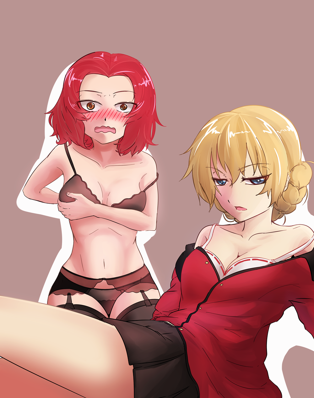 2girls, arm_behind_back, black_legwear, blue_eyes, bra, breasts, brown_background, cleavage