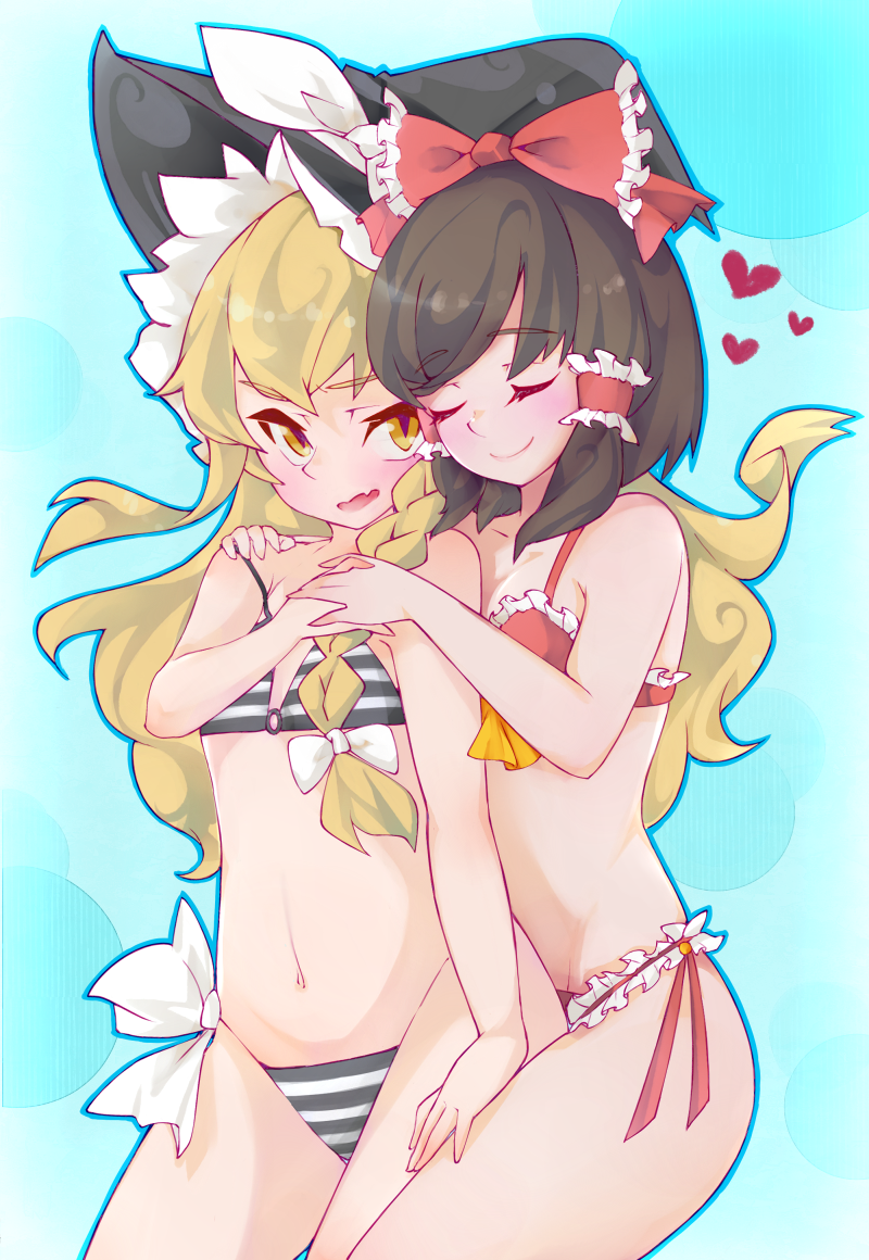 2girls, ^_^, alternate_costume, bikini, blonde_hair, blush, bow, braid