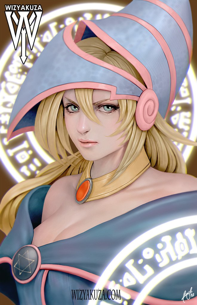 1girl, aqua_eyes, artist_name, bare_shoulders, blonde_hair, breasts, ceasar_ian_muyuela, cleavage, collarbone, dark_magician_girl, duel_monster, hat, hexagram, large_breasts, lips, long_hair, off_shoulder, realistic, serious, signature, solo, upper_body, watermark, web_address, wizard_hat, yu-gi-oh!, yuu-gi-ou_duel_monsters