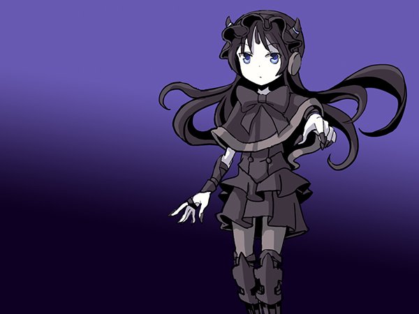 1girl, adrian_ferrer, black_dress, black_hair, blue_eyes, bow, commentary, dress, gothic_lolita, gradient, gradient_background, hairband, horns, kantai_collection, lolita_fashion, lolita_hairband, long_hair, northernmost_landing_hime, pantyhose, purple_background, shinkaisei-kan, solo, white_skin