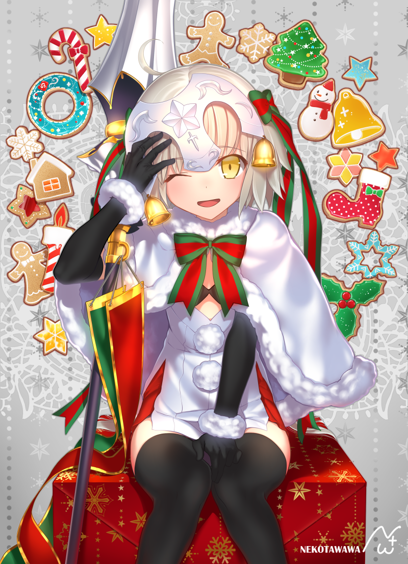 +_+, 1girl, :3, artist_name, bangs, bell, between_legs, black_legwear