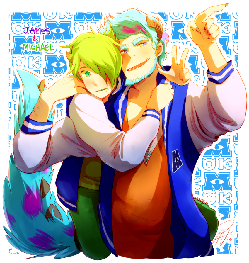 2boys, baseball_cap, blue_eyes, blue_hair, cardigan, carrying, green_eyes, green_hair
