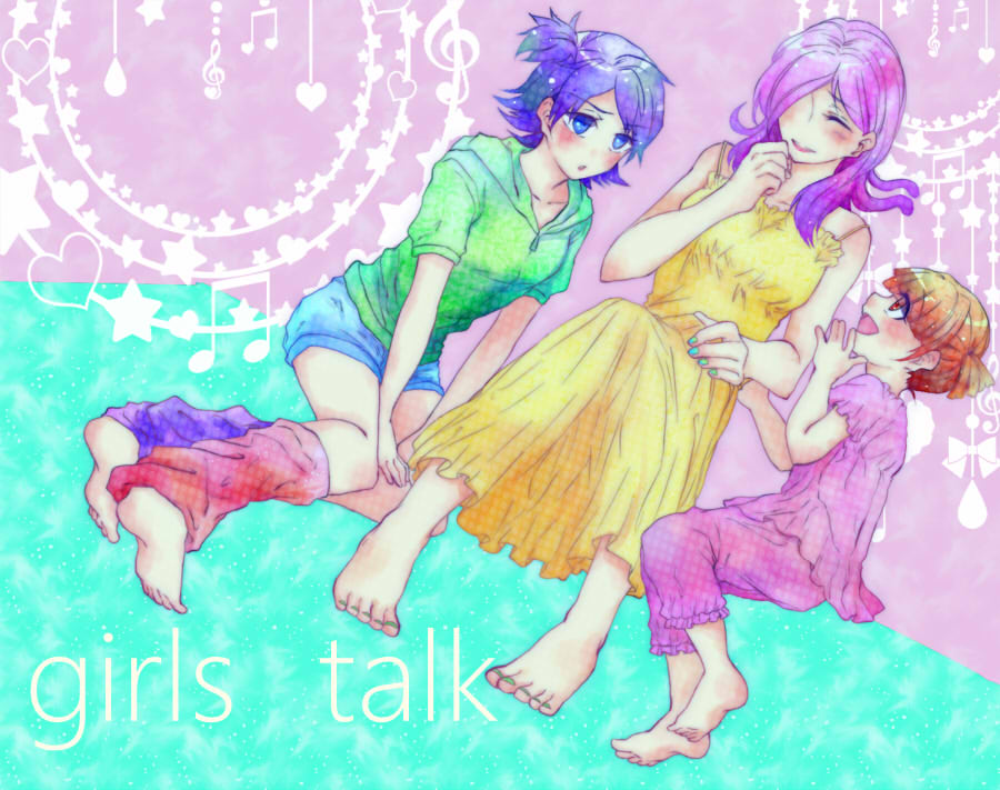 3girls, alternate_costume, boo_(monsters_inc.), brown_hair, celia_mae, child, claire_wheeler, closed_eyes, curly_hair, dress, hair_over_one_eye, monsters_inc., monsters_university, multiple_girls, personification, purple_hair, short_hair, short_twintails, sitting, sleeveless, sleeveless_dress, smile, time_paradox, twintails