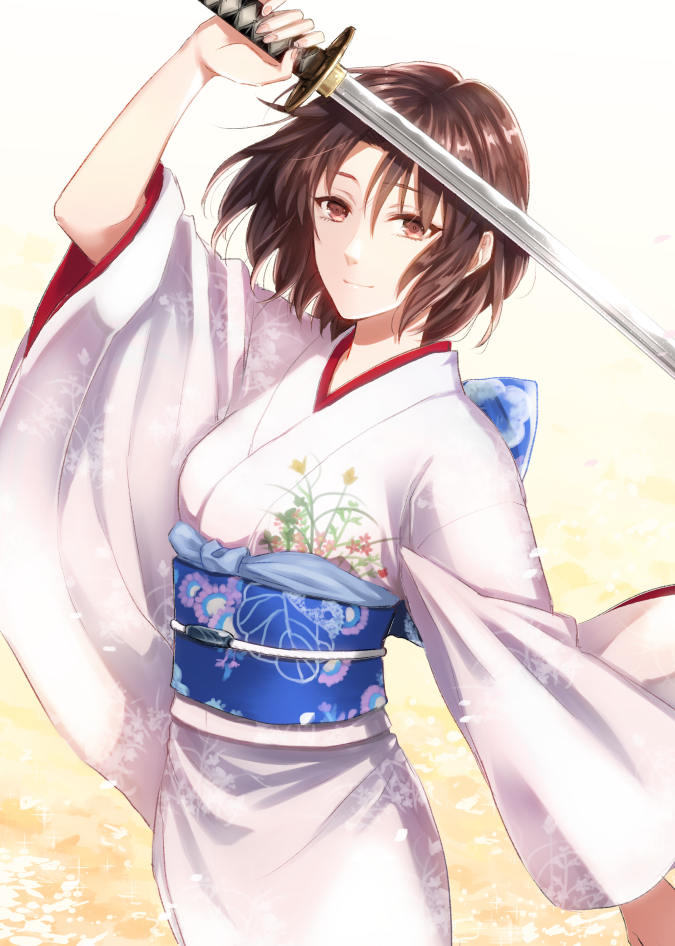 1girl, arm_up, bangs, brown_eyes, brown_hair, closed_mouth, cowboy_shot, hair_between_eyes, holding, holding_sword, holding_weapon, japanese_clothes, kara_no_kyoukai, katana, kimono, looking_at_viewer, obi, orii_(orii_i), ryougi_shiki, sash, short_hair, smile, solo, sword, weapon, white_kimono