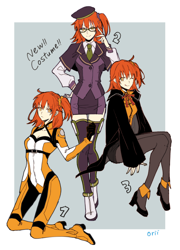 1girl, ;q, ahoge, beret, bespectacled, bodysuit, capelet, fate/grand_order