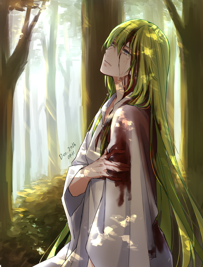 androgynous, artist_name, bangs, blood, closed_mouth, crying, crying_with_eyes_open, dated, enkidu_(fate/strange_fake), fate/strange_fake, fate_(series), forest, from_side, green_hair, hair_between_eyes, injury, long_hair, nature, orii_(orii_i), outdoors, parted_lips, signature, solo, tears, very_long_hair