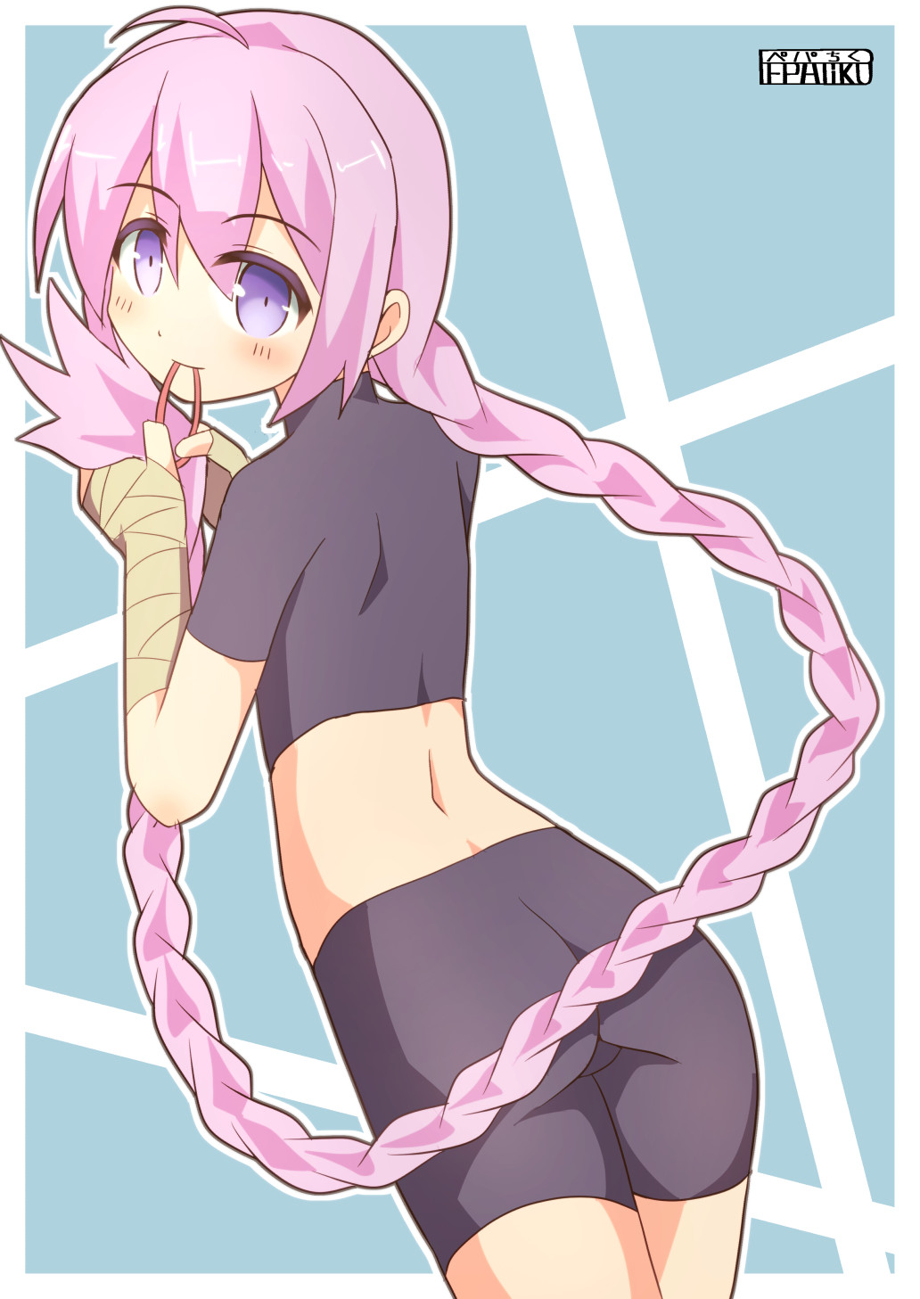 1girl, ahoge, bike_shorts, braid, gloves, hair_ornament, hair_tie, half_gloves