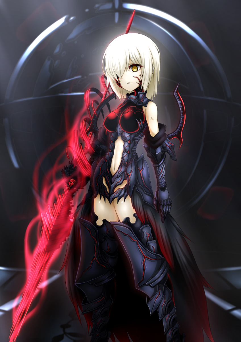 1girl, armor, armored_boots, armored_dress, boots, corruption, dark_persona, fate/grand_order