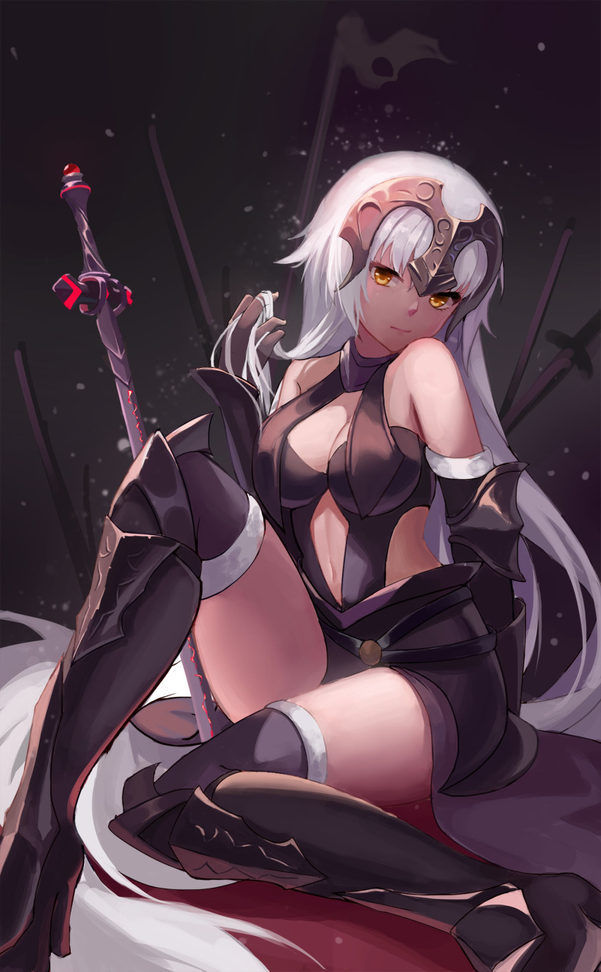 1girl, absurdres, bangs, black_dress, black_gloves, black_legwear, breasts, cleavage