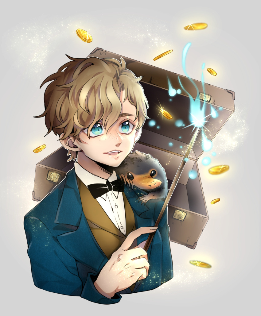 1boy, blue_eyes, bow, bowtie, brown_hair, coin, fantastic_beasts_and_where_to_find_them, freckles