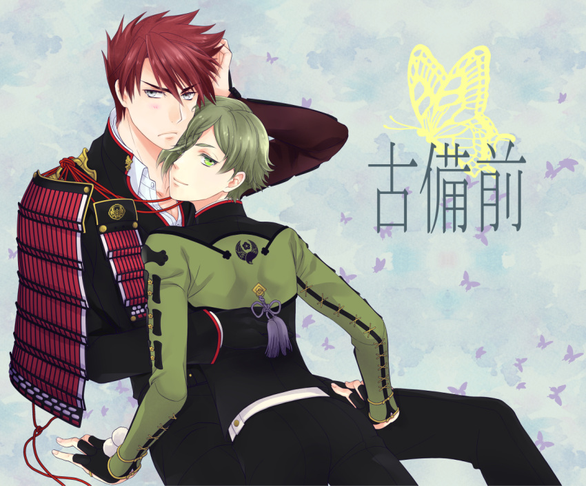 2boys, armor, black_gloves, blue_eyes, blush, butterfly, gloves, green_hair, grey_eyes, hair_over_one_eye, japanese_armor, male_focus, multiple_boys, ookanehira_(touken_ranbu), redhead, sitting, sm_chika, smile, sode, touken_ranbu, translation_request, uguisumaru, yaoi