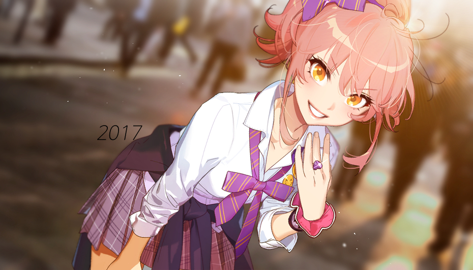 >:d, 1girl, :d, badge, bangs, blurry, blurry_background, blush, bow, bowtie, clothes_around_waist, collarbone, collared_shirt, cowboy_shot, cumaly05, dutch_angle, flat_chest, glint, grin, hair_bow, idolmaster, idolmaster_cinderella_girls, jewelry, jougasaki_mika, leaning_forward, long_hair, looking_at_viewer, open_mouth, photo_background, pink_hair, plaid, plaid_skirt, pleated_skirt, ponytail, purple_bow, purple_bowtie, purple_ribbon, ribbon, ring, shirt, skirt, smile, smiley_face, solo_focus, standing, sunlight, tsurime, white_shirt, wing_collar, wrist_cuffs, yellow_eyes