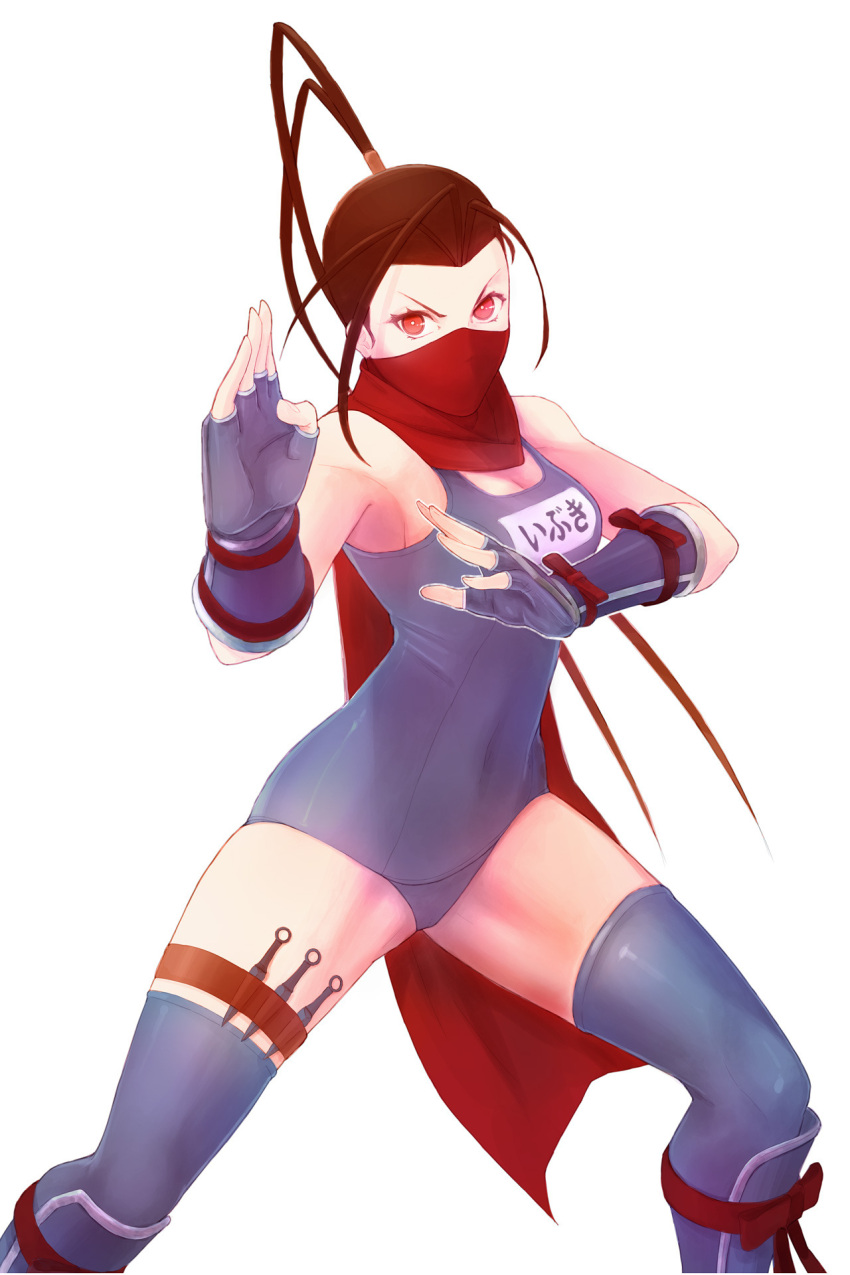 1girl, antenna_hair, arm_guards, armpits, black_hair, breasts, cleavage, fighting_stance