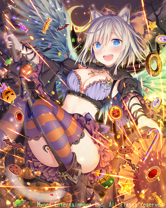 1girl, animal_ears, bat, black_bow, black_cape, blue_eyes, blush, boots