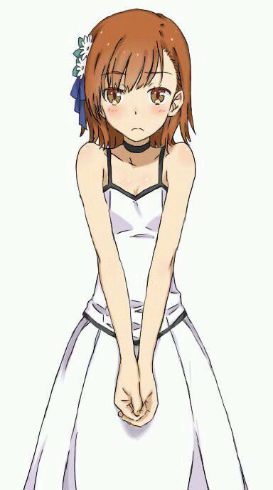 1girl, blue_ribbon, blush, breasts, brown_eyes, brown_hair, choker, cleavage, collarbone, cowboy_shot, dress, eyebrows_visible_through_hair, flower, hair_flower, hair_ornament, hair_ribbon, hands_together, long_hair, looking_at_viewer, misaka_mikoto, ribbon, ruin_(mo51397), simple_background, sleeveless, sleeveless_dress, small_breasts, solo, standing, to_aru_kagaku_no_railgun, to_aru_majutsu_no_index, white_background, white_dress, white_flower
