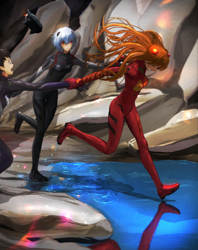 1boy, 2girls, ayanami_rei, black_hair, black_plugsuit, breasts, brown_hair, closed_eyes, floating_hair, full_body, grin, hair_ornament, hand_holding, ikari_shinji, long_hair, multiple_girls, neon_genesis_evangelion, pandarou, plugsuit, rebuild_of_evangelion, red_eyes, running, short_hair, silver_hair, small_breasts, smile, souryuu_asuka_langley, very_long_hair, water