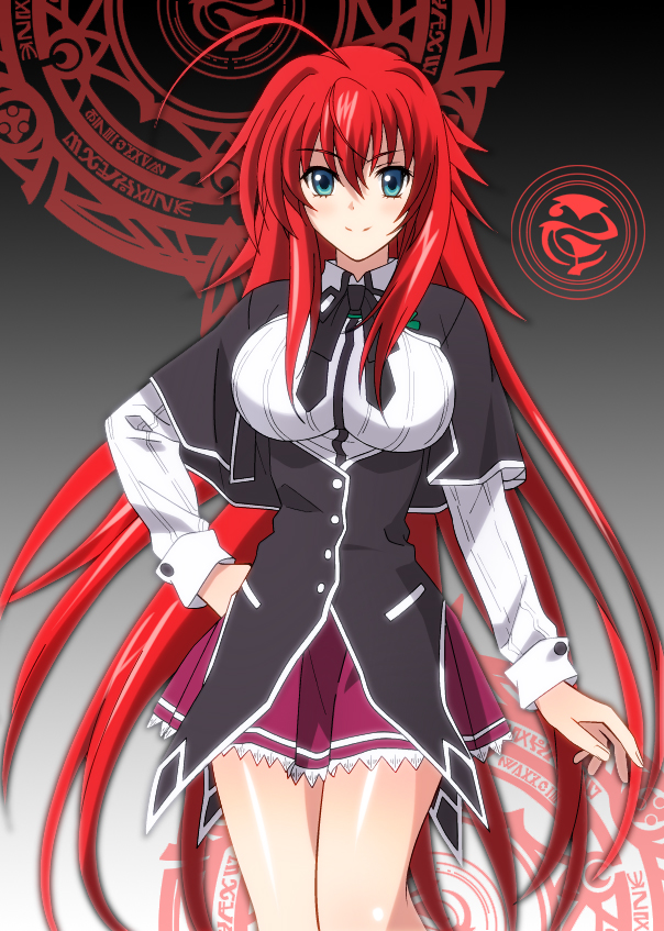 1girl, ahoge, aqua_eyes, black_ribbon, bow, breasts, eyebrows_visible_through_hair, floating_hair, gradient, gradient_background, green_ribbon, hair_bow, hand_on_hip, high_school_dxd, large_breasts, long_hair, looking_at_viewer, magic, miniskirt, neck_ribbon, pleated_skirt, purple_skirt, redhead, rias_gremory, ribbon, ruisan, skirt, smile, solo, very_long_hair
