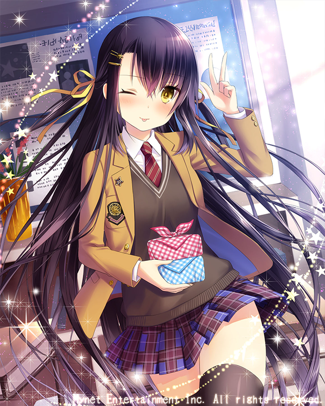 1girl, black_hair, black_legwear, blush, bow, classroom, desk, eyebrows_visible_through_hair