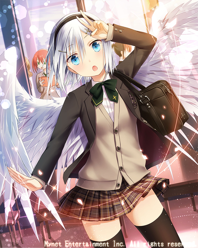1girl, angel_wings, arm_up, black_legwear, blue_eyes, blush, bow, brown_skirt
