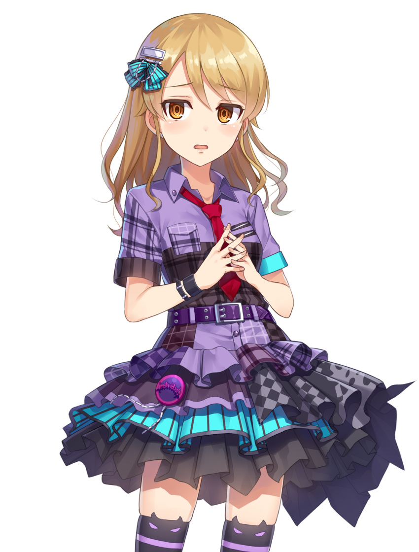 1girl, badge, belt, blonde_hair, blush, bow, hair_bow, hair_down